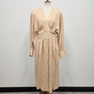 Vintage 80s Adele Simpson 100% Silk Midi Dress Champagne Gold Damask Jacquard 14